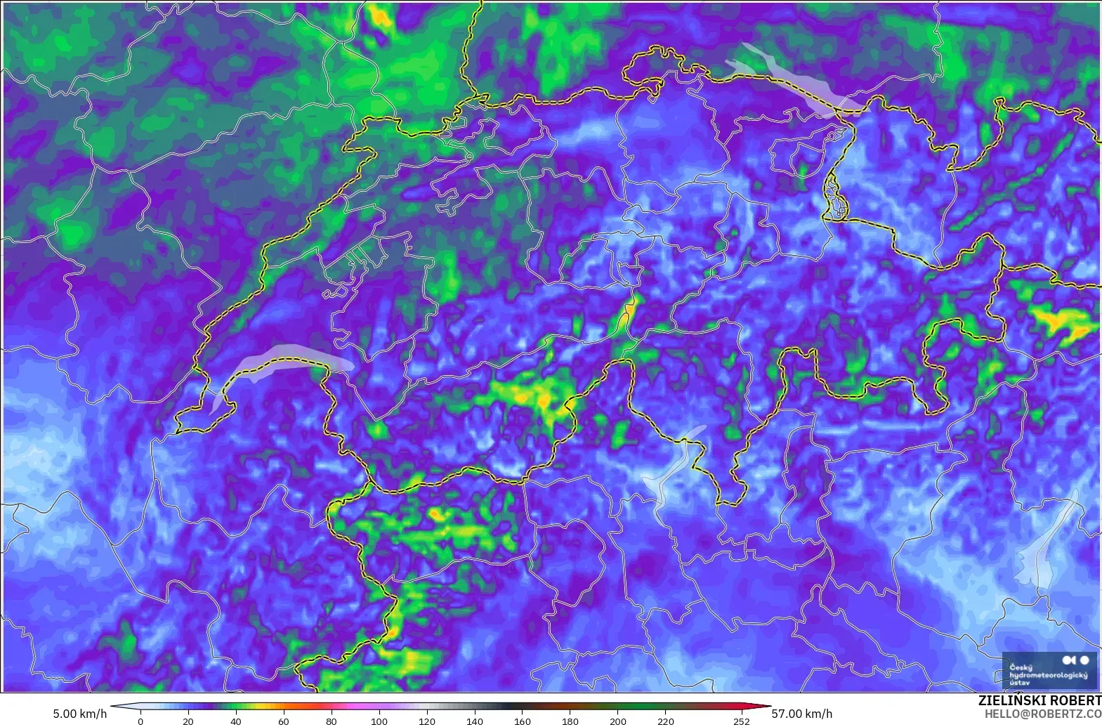 ALADIN CZ 2.3 km modelo - Suiza, Ráfagas de viento