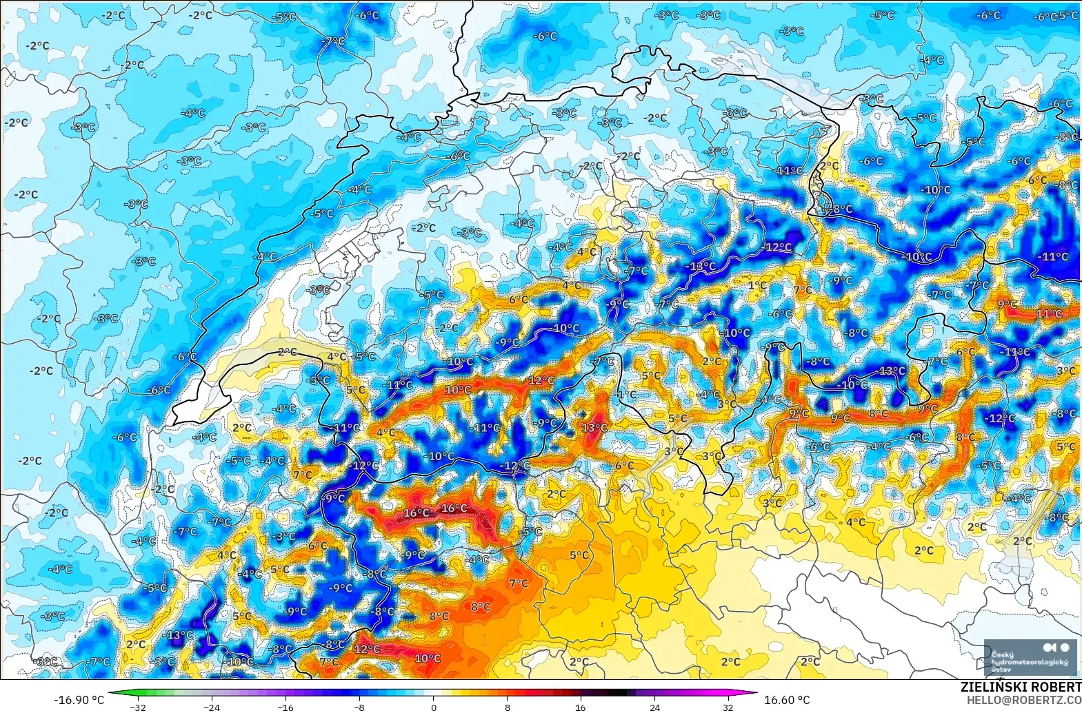 ALADIN CZ 2.3 km modelo - Suiza, Anomalía de temperatura a 2 m
