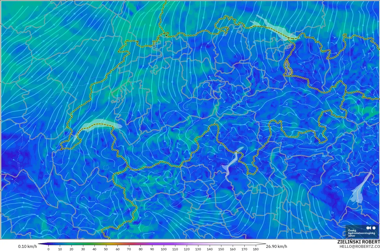 ALADIN CZ 2.3 km modelo - Suiza, Viento a 10 m