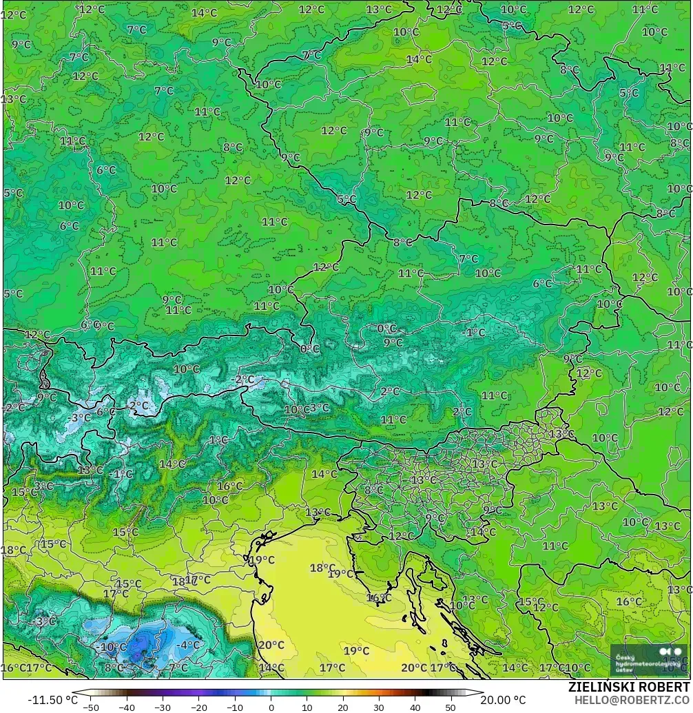 ALADIN CZ 2.3 km modelo - Austria, Punto de rocío a 2 m