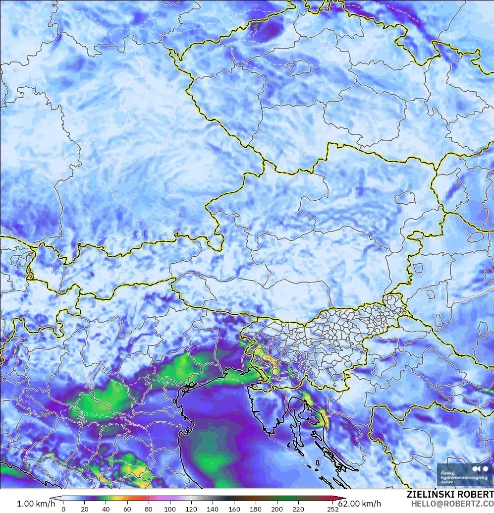 ALADIN CZ 2.3 km modelo - Austria, Ráfagas de Viento Máximas