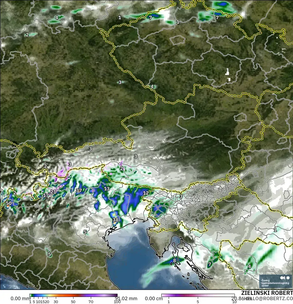 ALADIN CZ 2.3 km modelo - Austria, Precipitación, nubes y presión