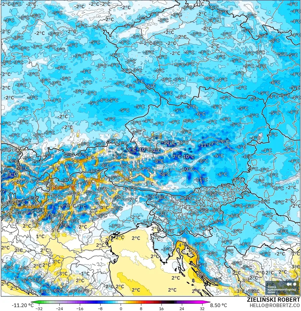 ALADIN CZ 2.3 km modelo - Austria, Anomalía de temperatura a 2 m