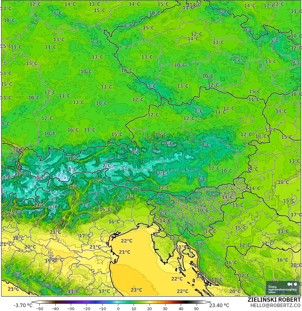 ALADIN CZ 2.3 km modelo - Austria, Temperatura a 2 m