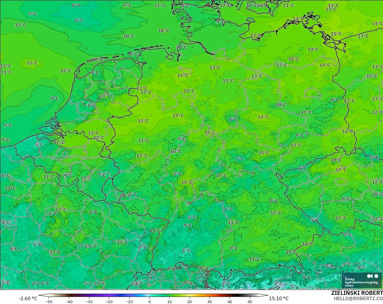 ALADIN CZ 2.3 km modelo - Alemania, Punto de rocío a 2 m