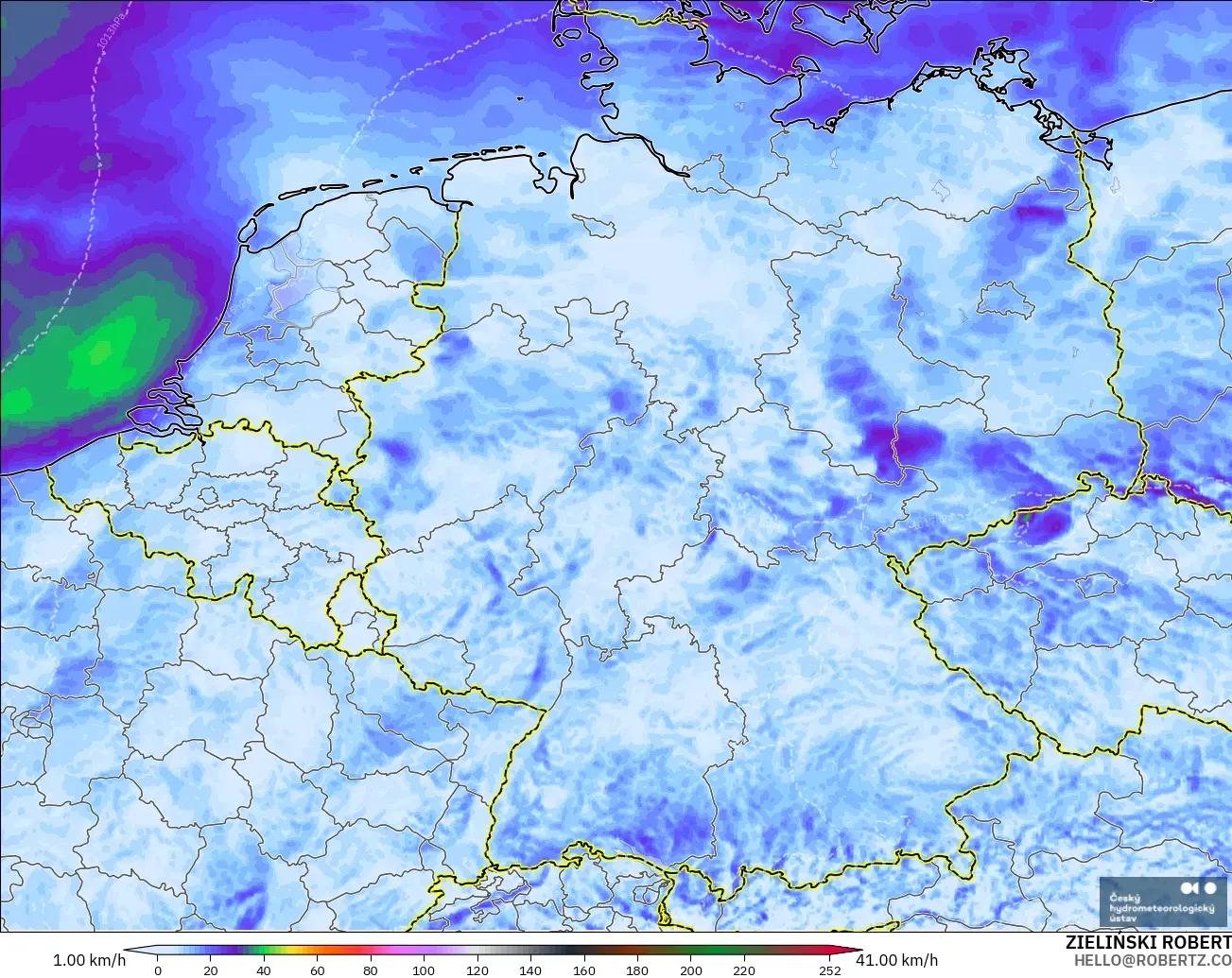 ALADIN CZ 2.3 km modelo - Alemania, Ráfagas de Viento Máximas