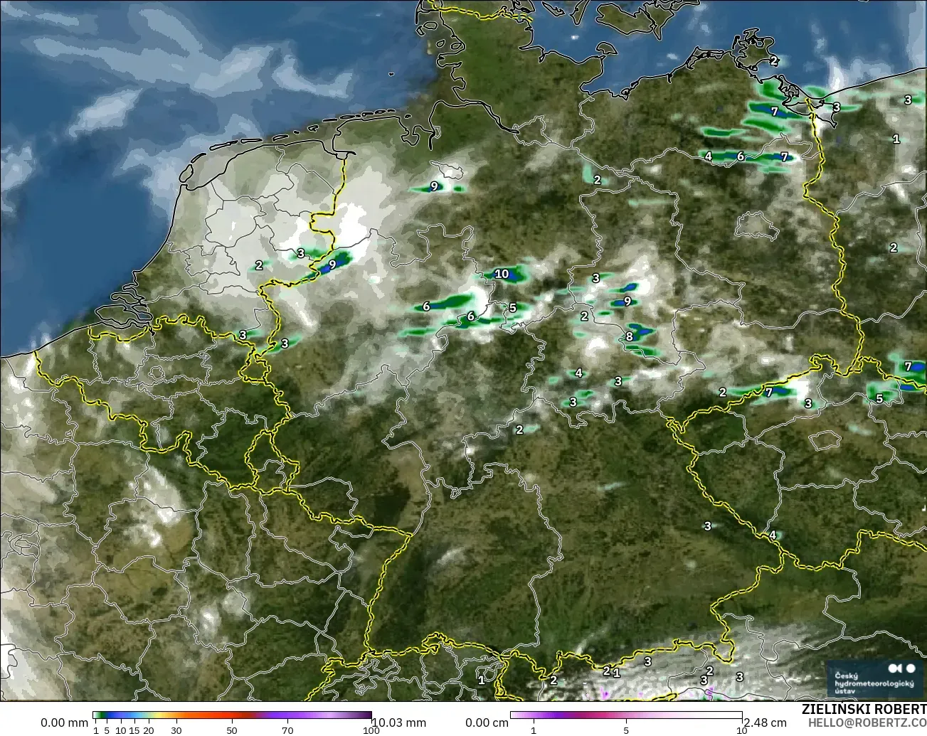 ALADIN CZ 2.3 km modelo - Alemania, Precipitación, nubes y presión