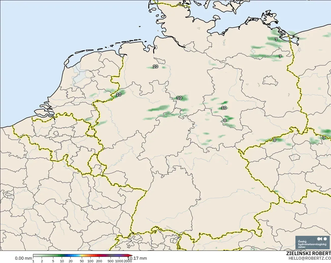 ALADIN CZ 2.3 km modelo - Alemania, Acumulación de precipitación