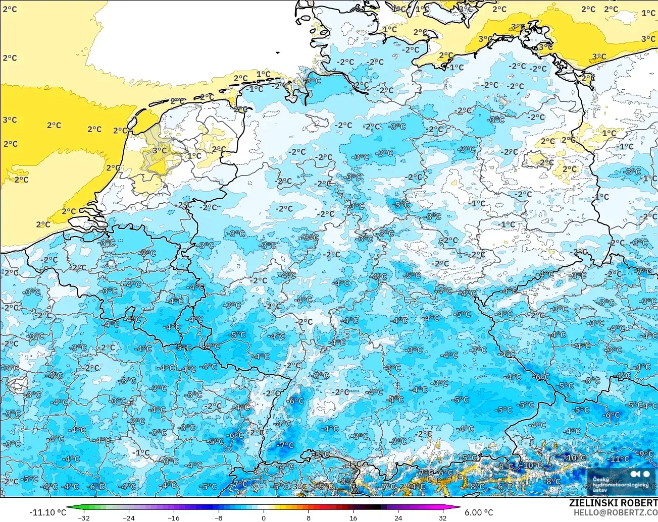 ALADIN CZ 2.3 km modelo - Alemania, Anomalía de temperatura a 2 m