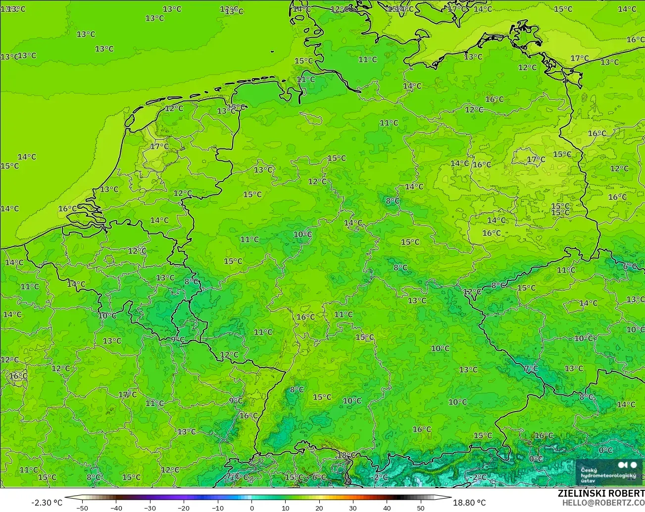 ALADIN CZ 2.3 km modelo - Alemania, Temperatura a 2 m