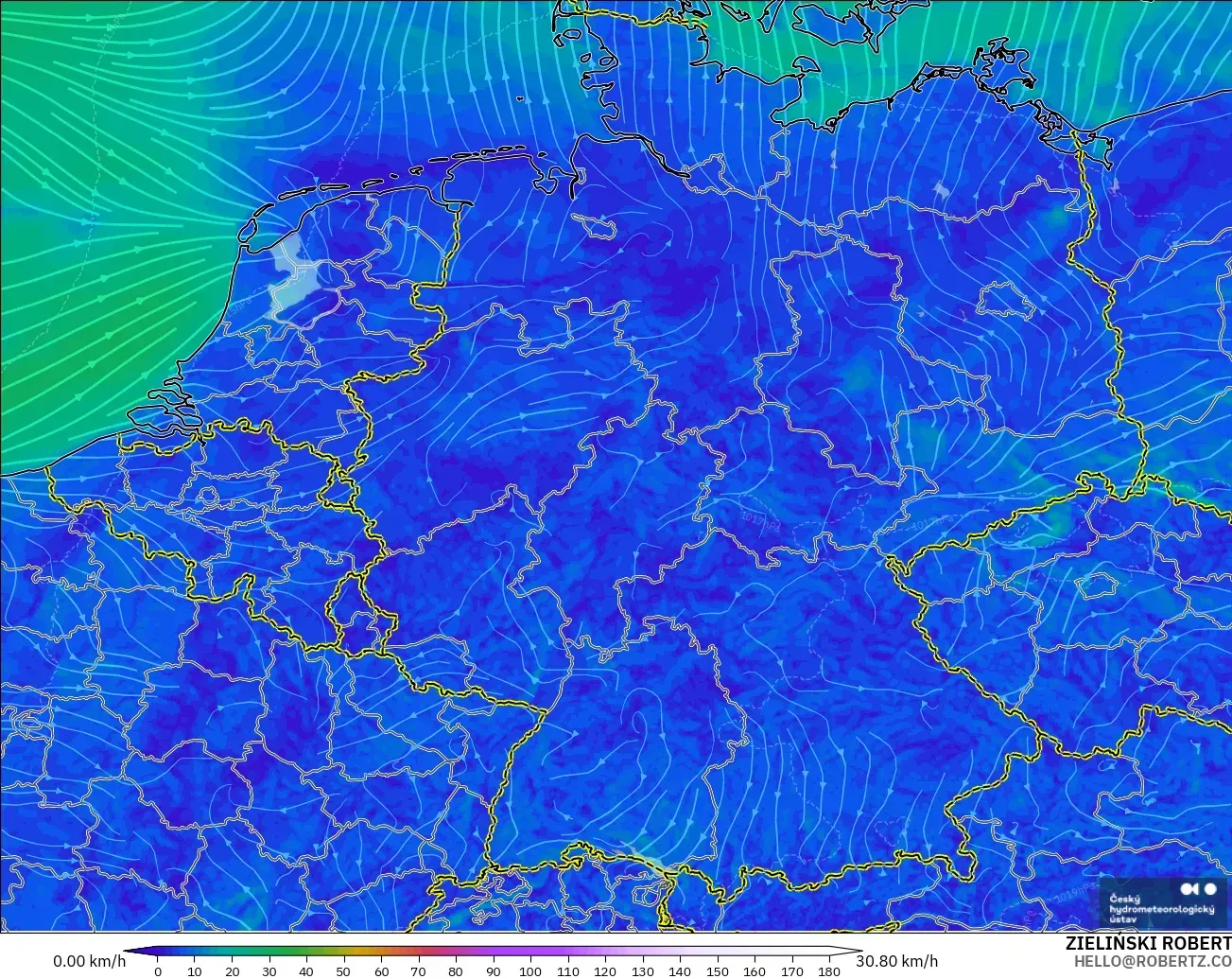 ALADIN CZ 2.3 km modelo - Alemania, Viento a 10 m