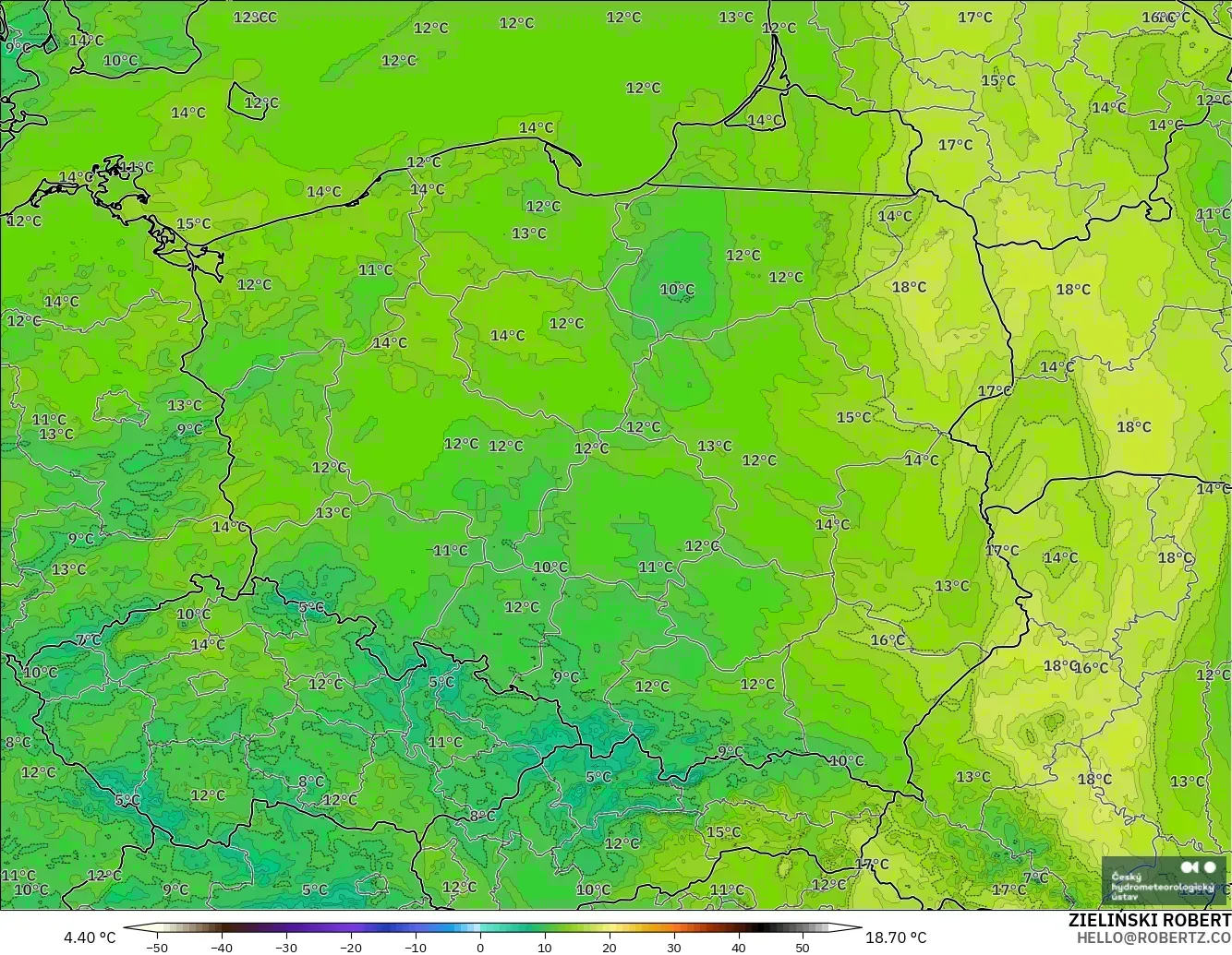 ALADIN CZ 2.3 km modelo - Polonia, Punto de rocío a 2 m