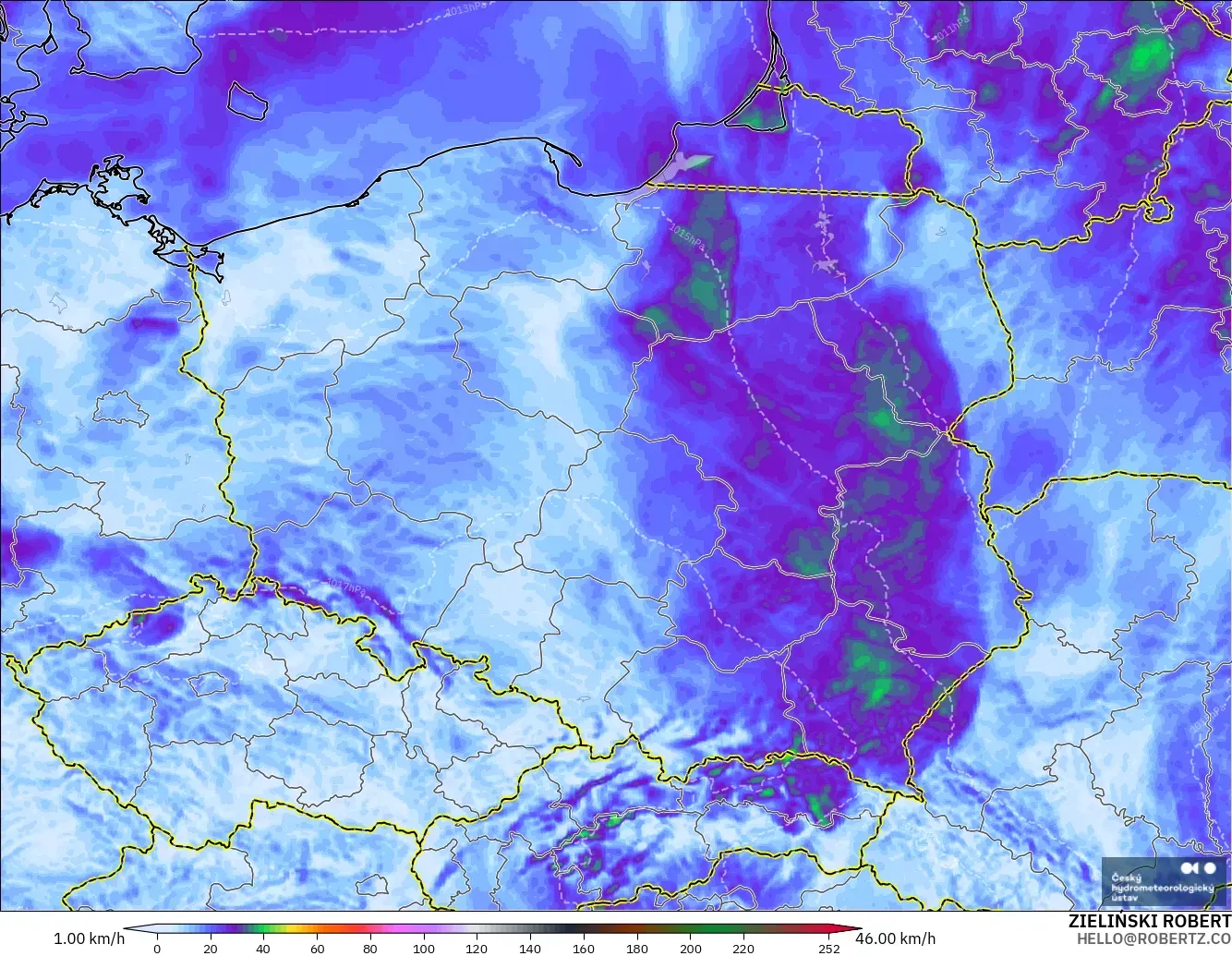 ALADIN CZ 2.3 km modelo - Polonia, Ráfagas de Viento Máximas