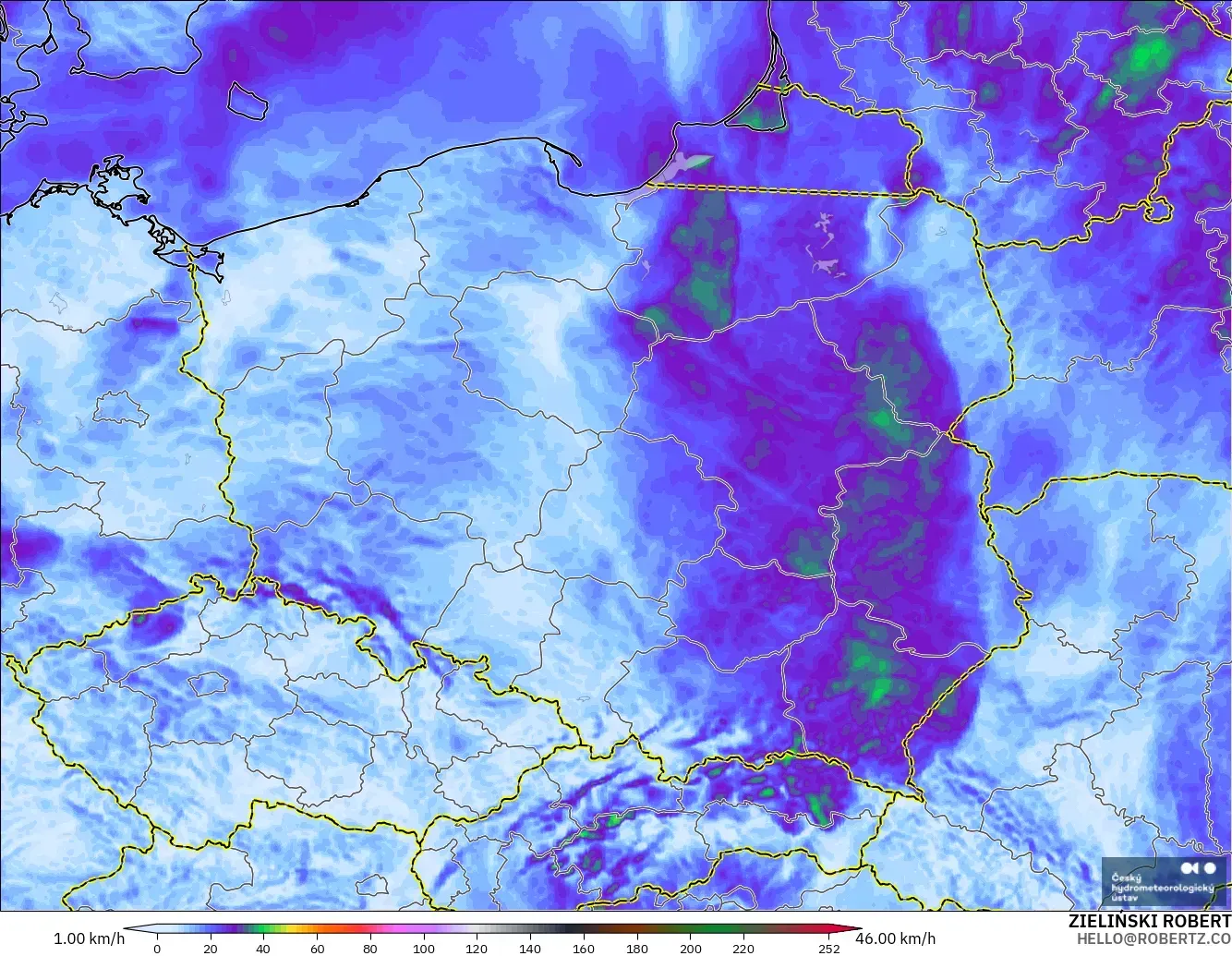 ALADIN CZ 2.3 km modelo - Polonia, Ráfagas de viento