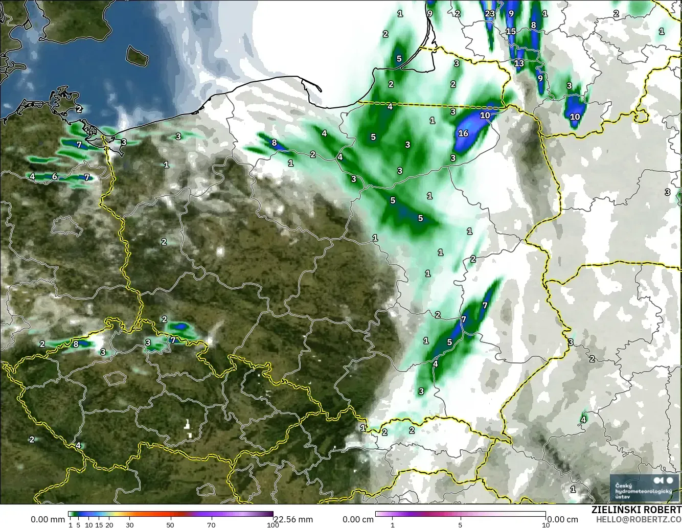 ALADIN CZ 2.3 km modelo - Polonia, Precipitación, nubes y presión