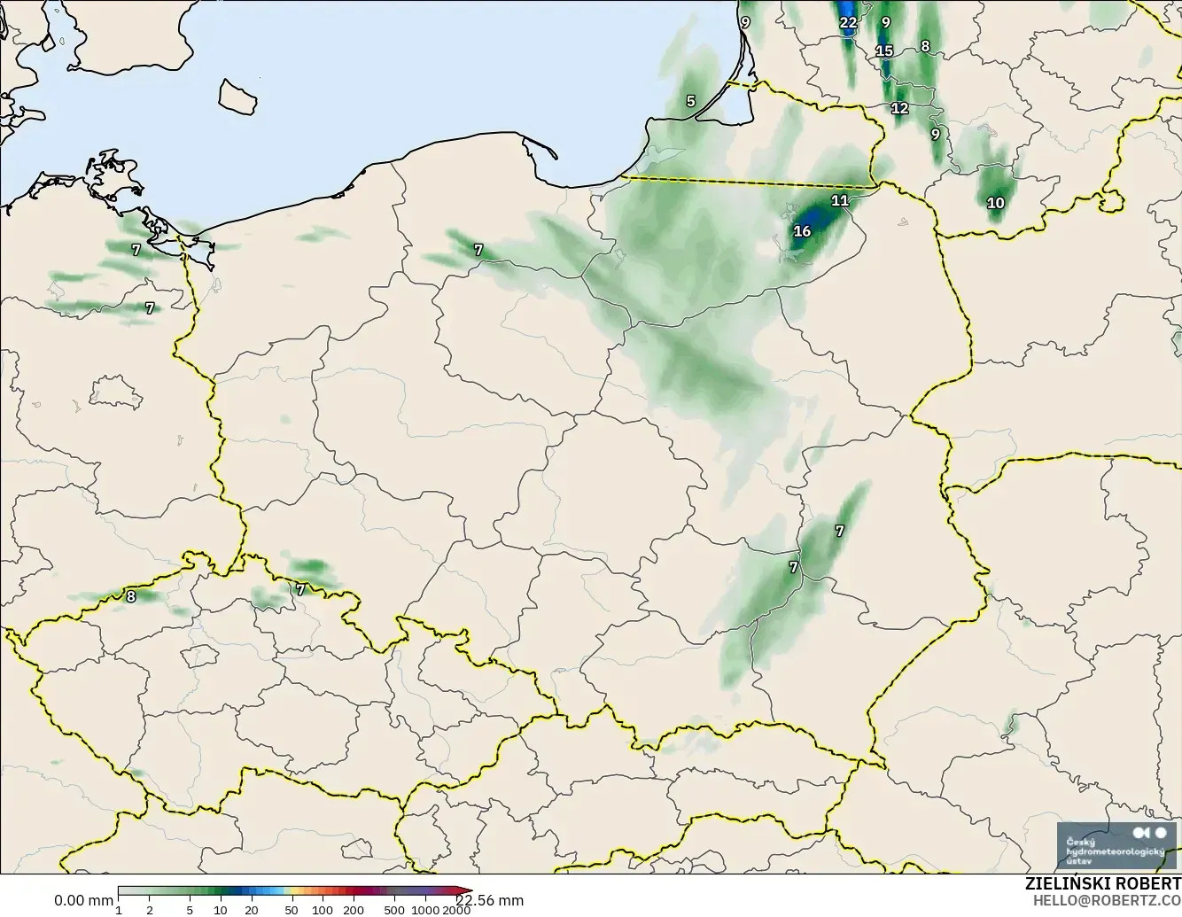 ALADIN CZ 2.3 km modelo - Polonia, Acumulación de precipitación