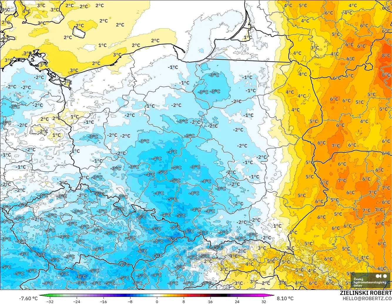 ALADIN CZ 2.3 km modelo - Polonia, Anomalía de temperatura a 2 m