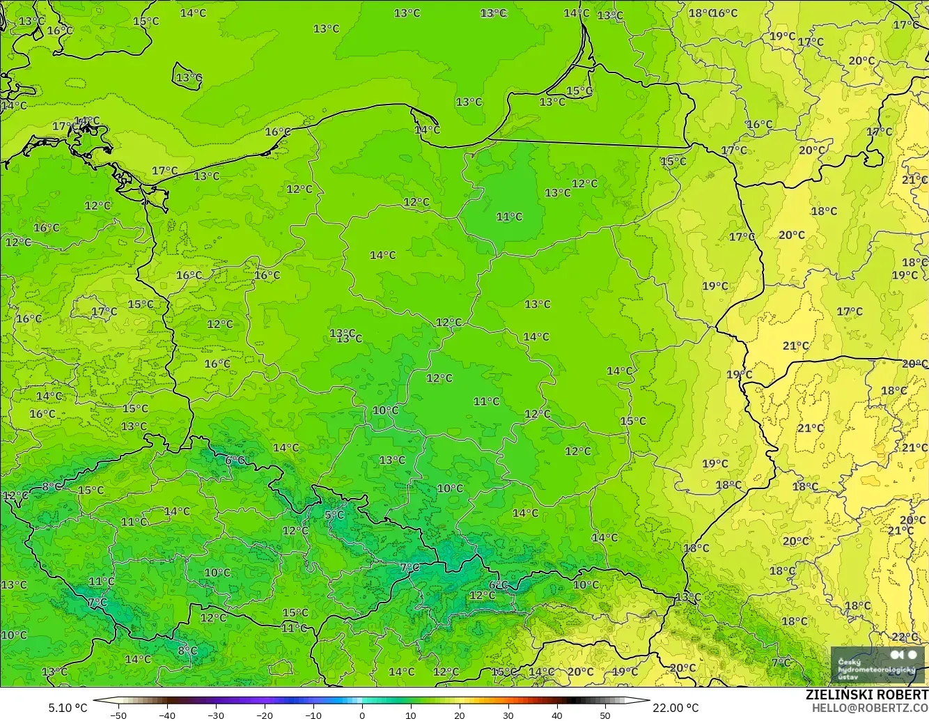 ALADIN CZ 2.3 km modelo - Polonia, Temperatura a 2 m
