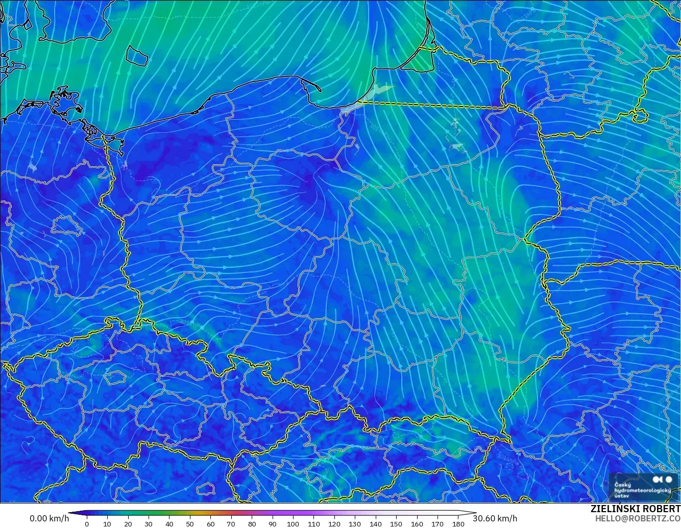 ALADIN CZ 2.3 km modelo - Polonia, Viento a 10 m