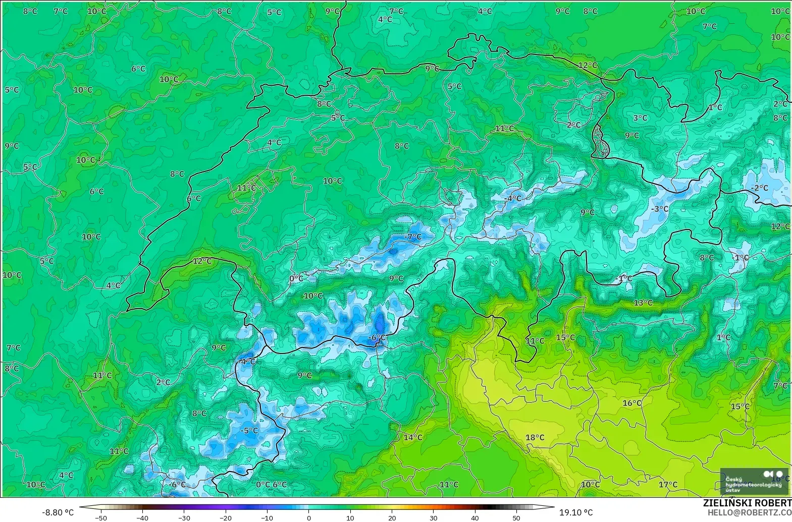 ALADIN CZ 2.3 km modelo - Suiza, Punto de rocío a 2 m
