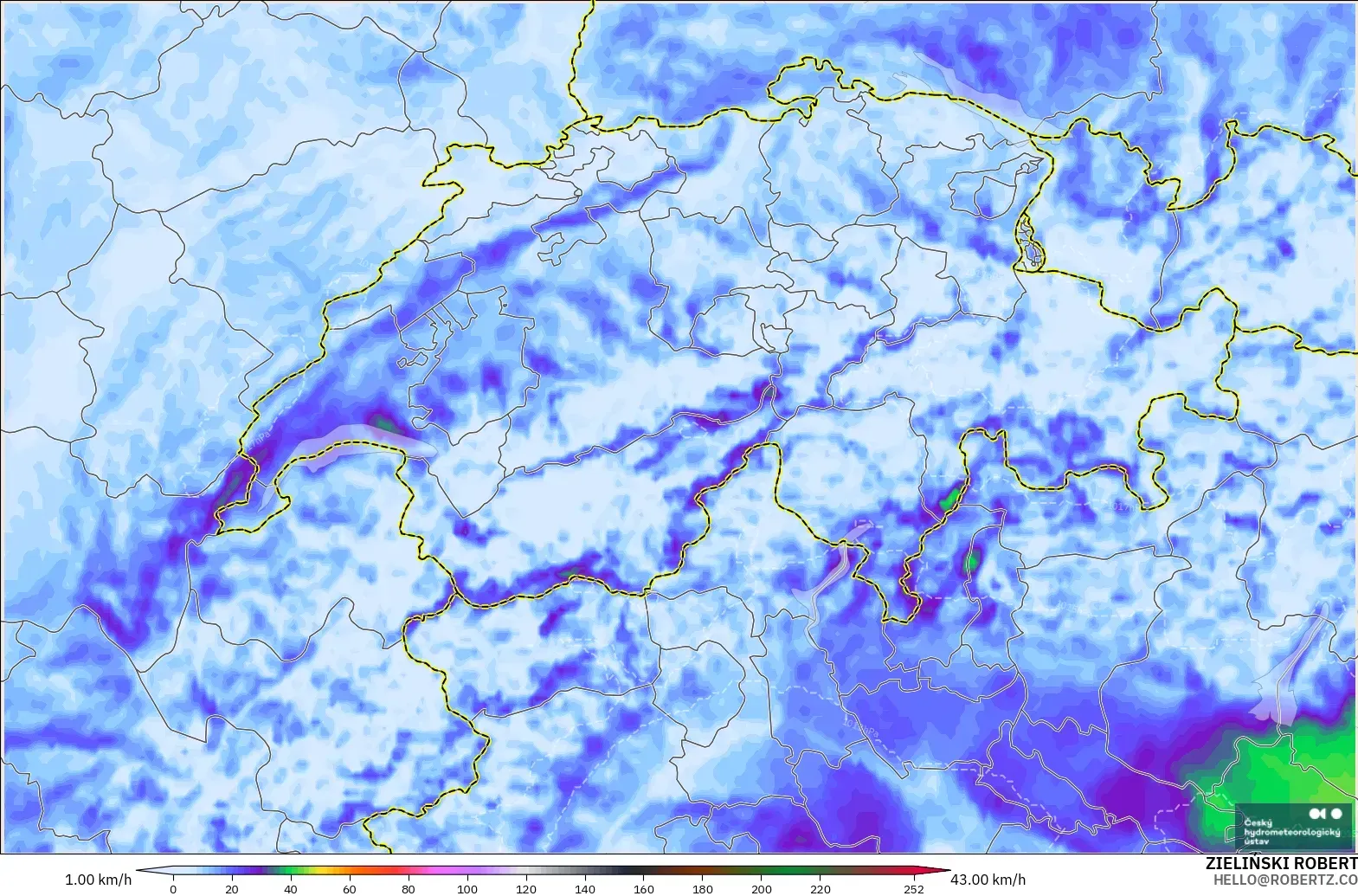 ALADIN CZ 2.3 km modelo - Suiza, Ráfagas de Viento Máximas