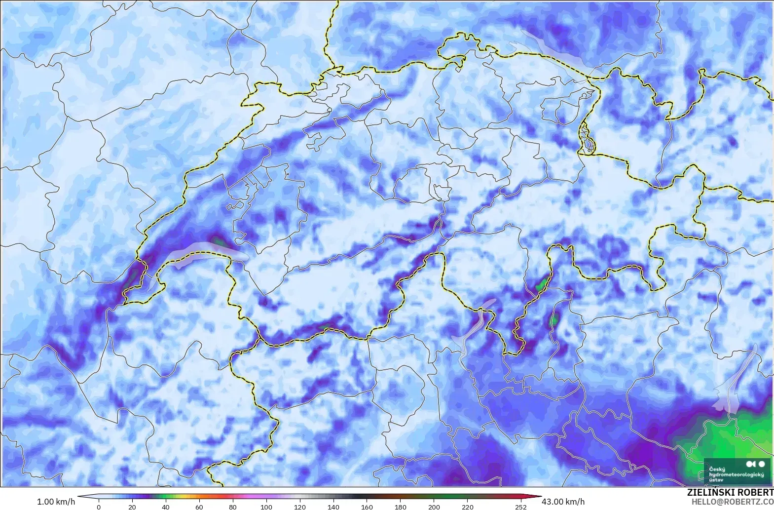 ALADIN CZ 2.3 km modelo - Suiza, Ráfagas de viento