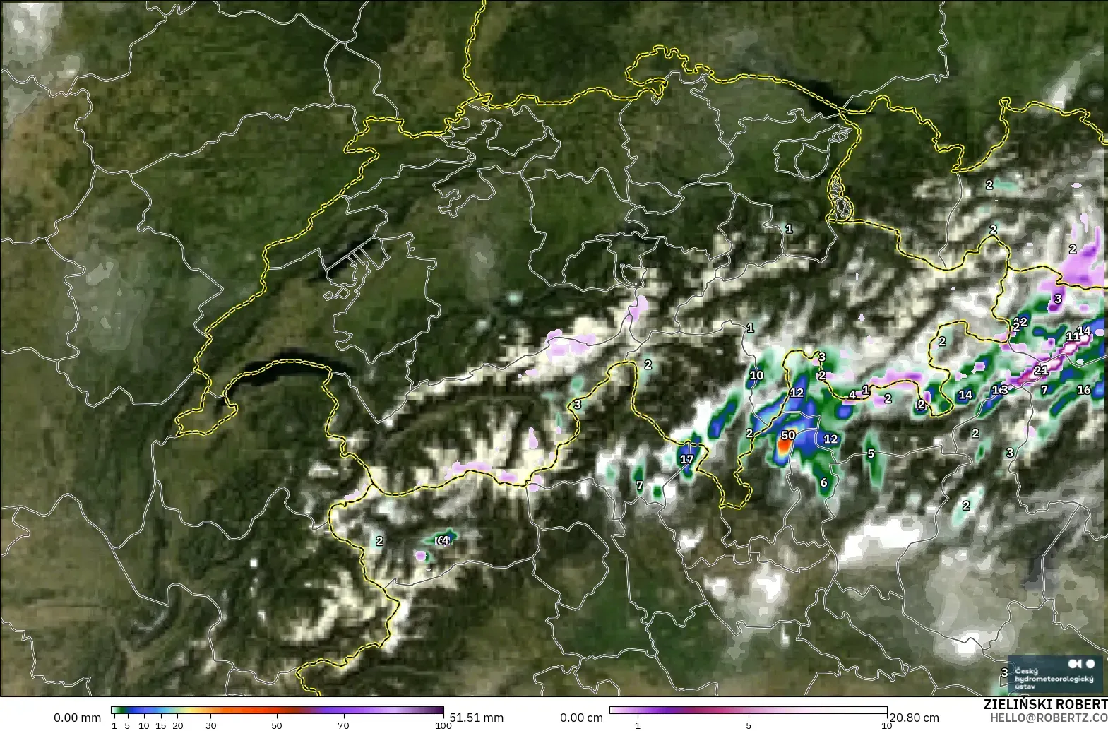 ALADIN CZ 2.3 km modelo - Suiza, Precipitación, nubes y presión