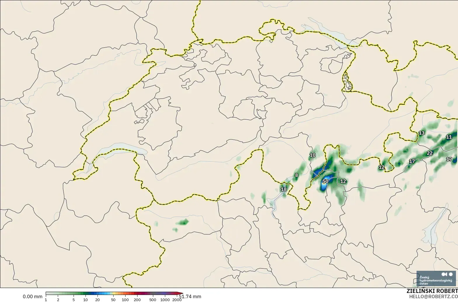 ALADIN CZ 2.3 km modelo - Suiza, Acumulación de precipitación