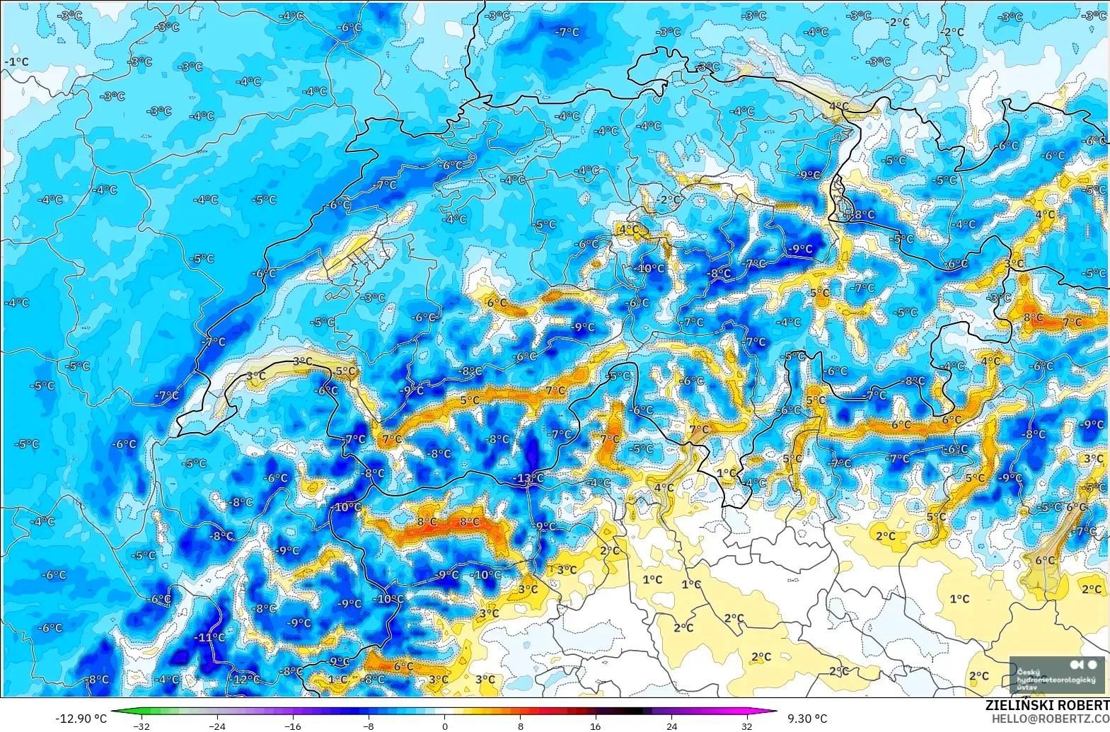ALADIN CZ 2.3 km modelo - Suiza, Anomalía de temperatura a 2 m