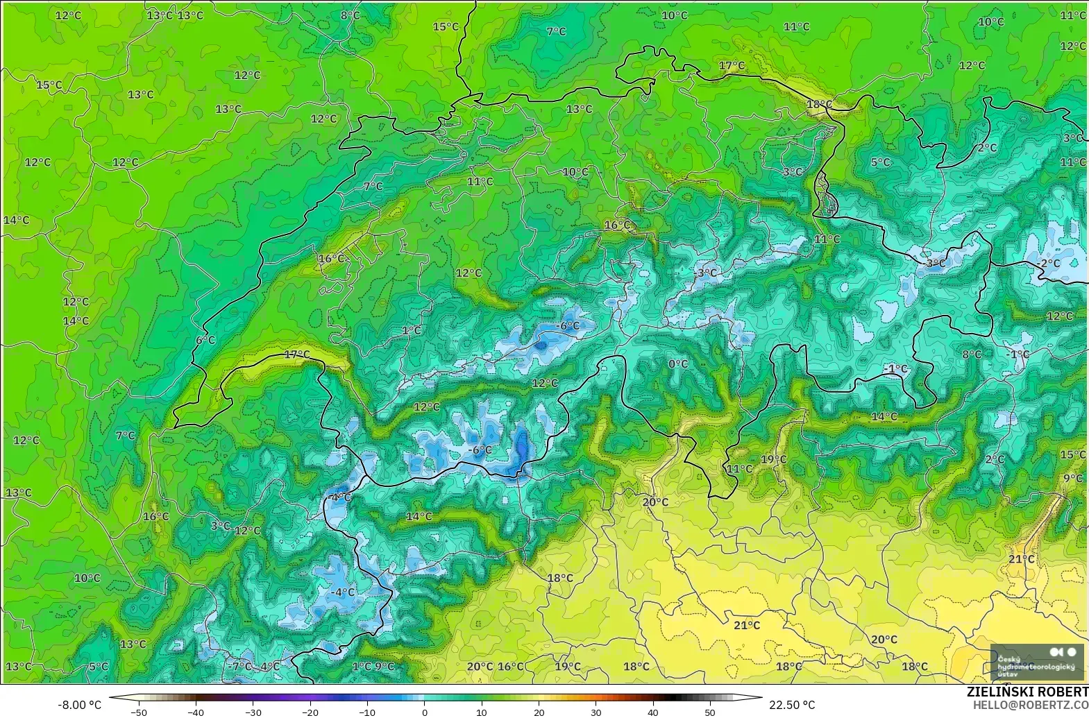 ALADIN CZ 2.3 km modelo - Suiza, Temperatura a 2 m