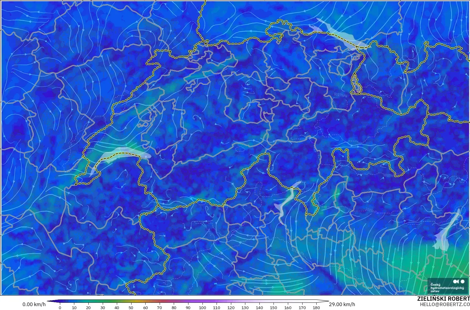 ALADIN CZ 2.3 km modelo - Suiza, Viento a 10 m