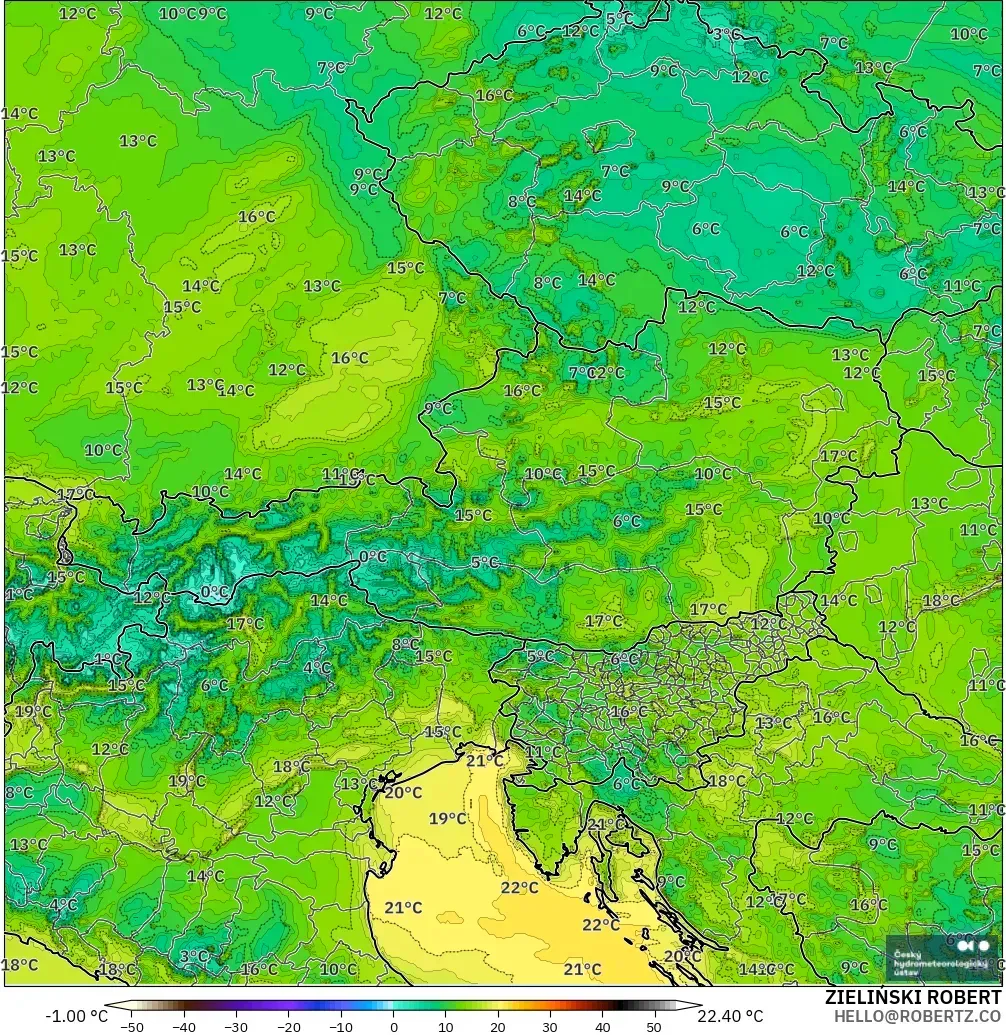 ALADIN CZ 2.3 km modelo - Austria, Punto de rocío a 2 m