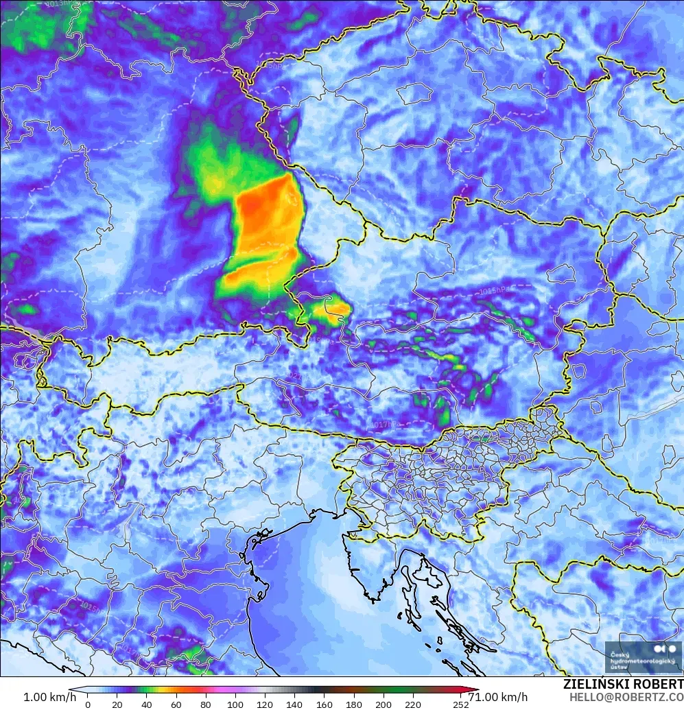 ALADIN CZ 2.3 km modelo - Austria, Ráfagas de Viento Máximas