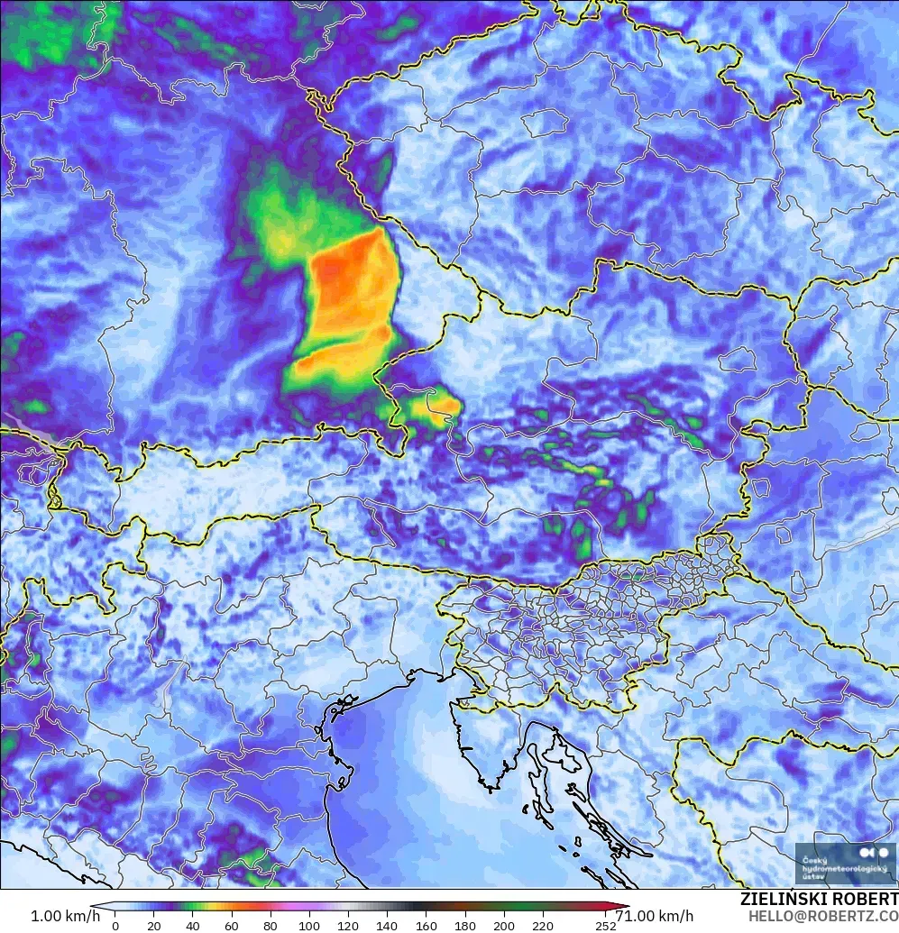 ALADIN CZ 2.3 km modelo - Austria, Ráfagas de viento