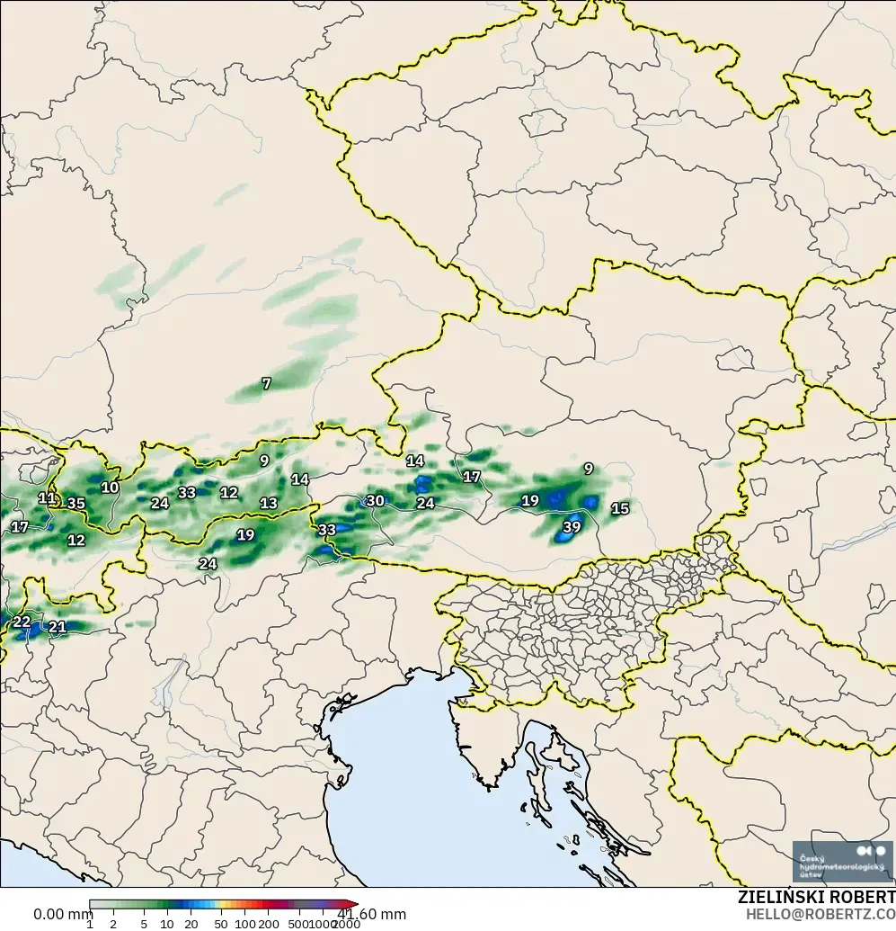 ALADIN CZ 2.3 km modelo - Austria, Acumulación de precipitación
