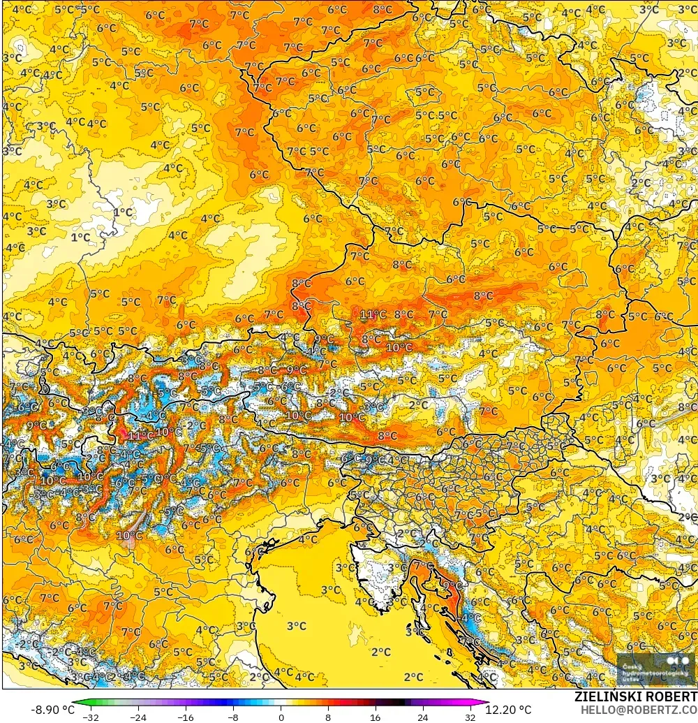 ALADIN CZ 2.3 km modelo - Austria, Anomalía de temperatura a 2 m