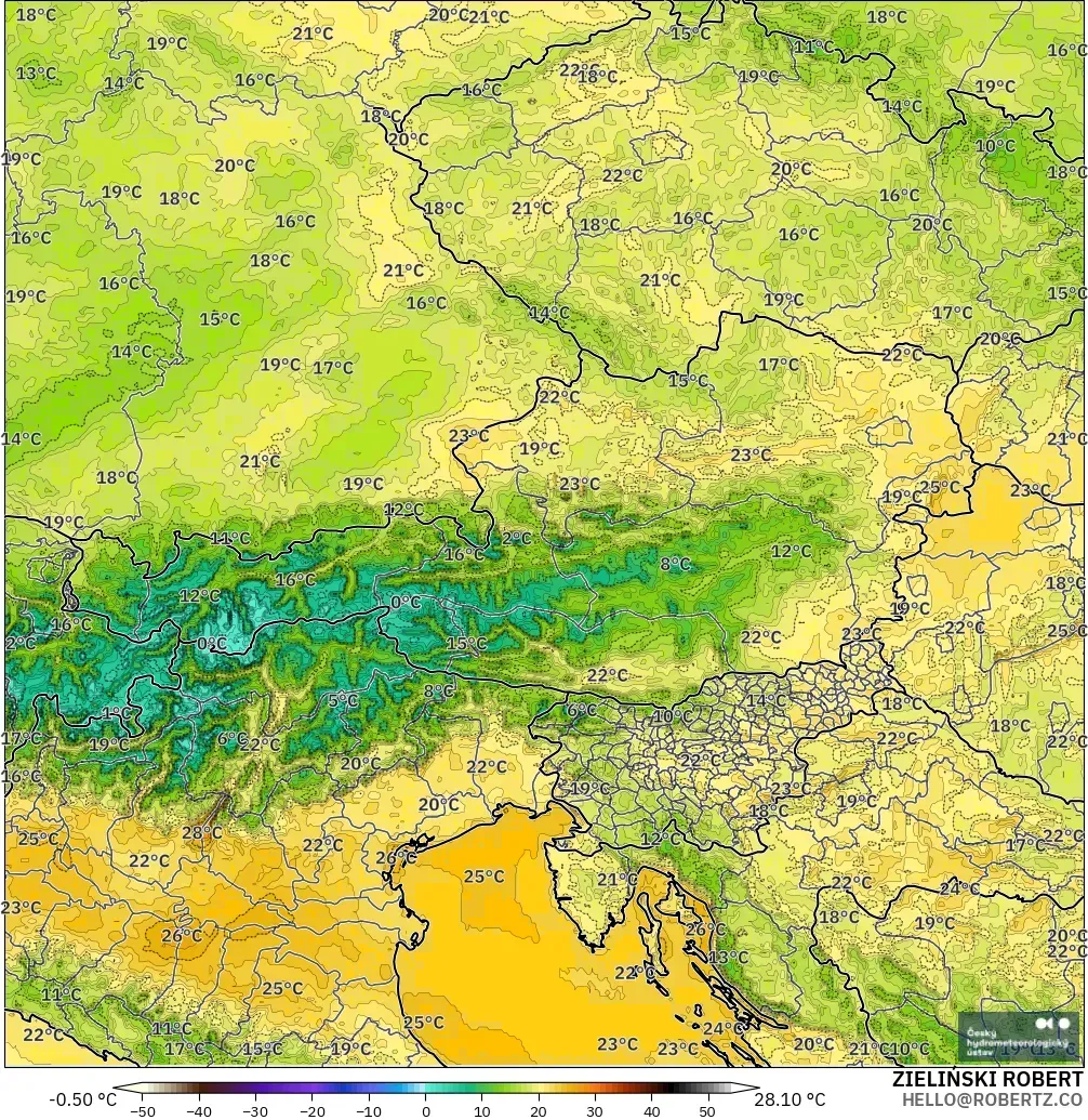 ALADIN CZ 2.3 km modelo - Austria, Temperatura a 2 m