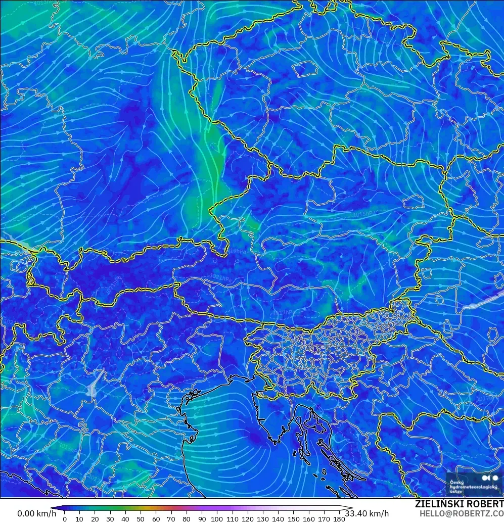 ALADIN CZ 2.3 km modelo - Austria, Viento a 10 m