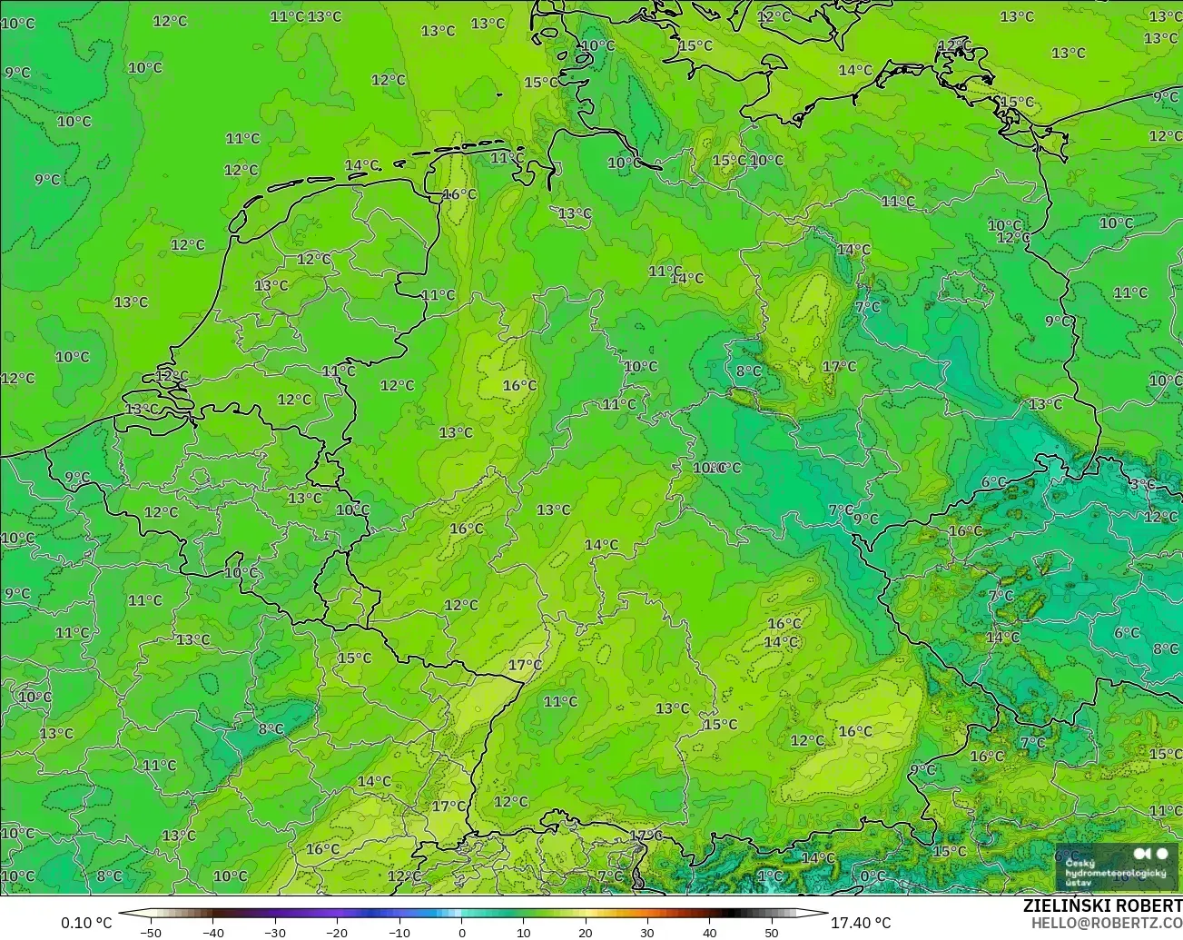 ALADIN CZ 2.3 km modelo - Alemania, Punto de rocío a 2 m