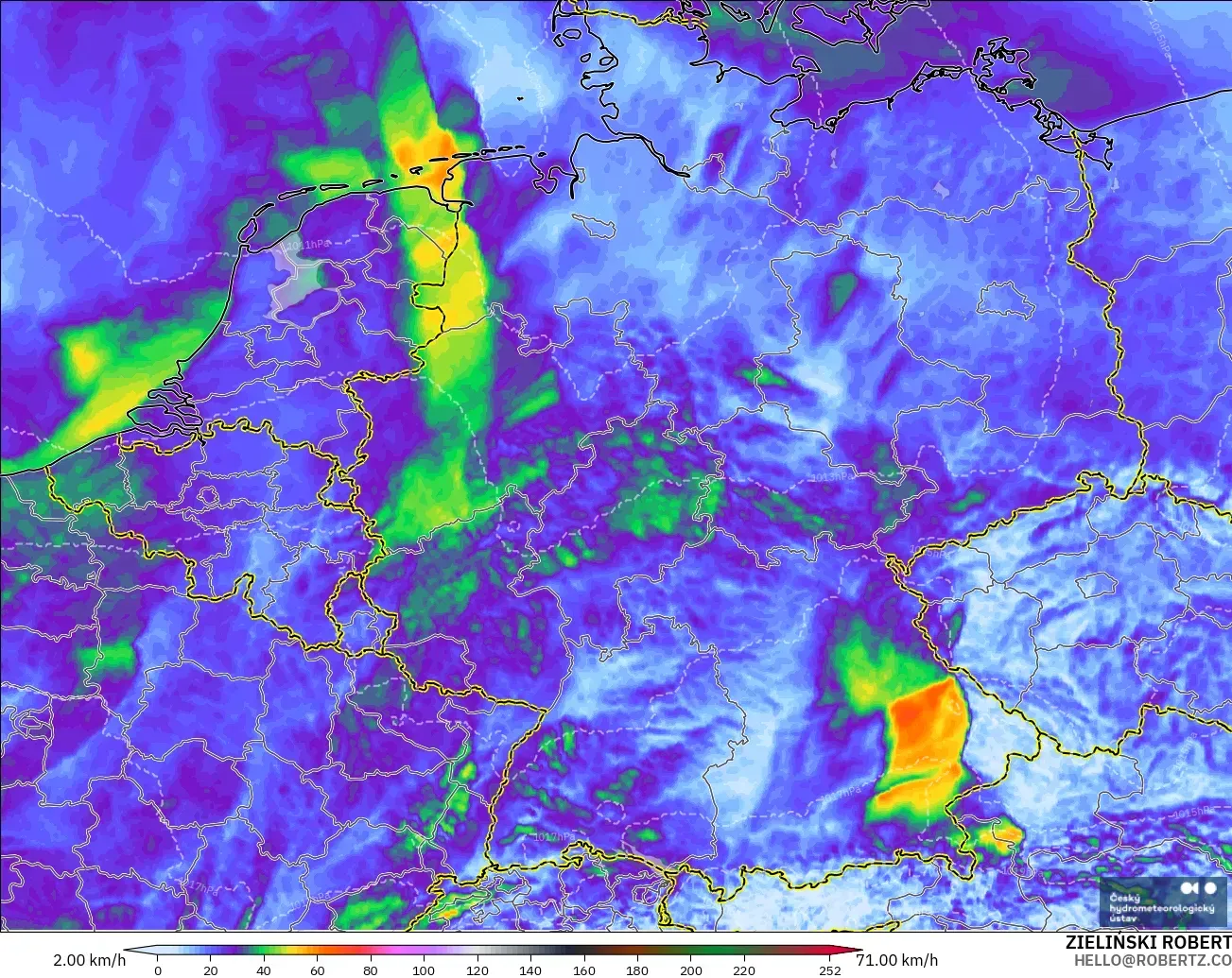ALADIN CZ 2.3 km modelo - Alemania, Ráfagas de Viento Máximas