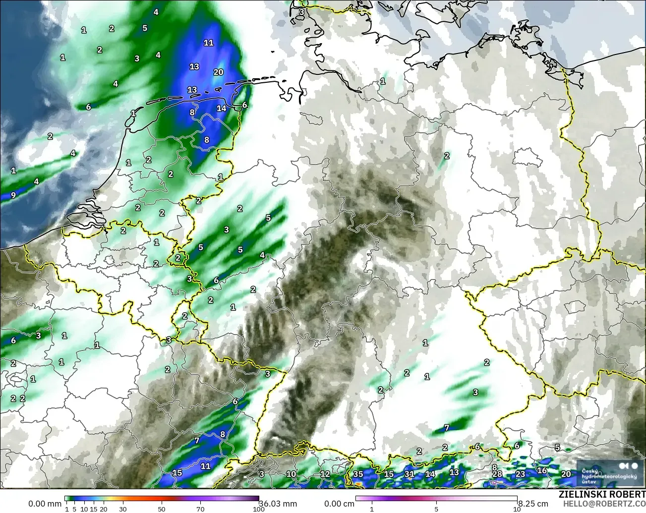 ALADIN CZ 2.3 km modelo - Alemania, Precipitación, nubes y presión
