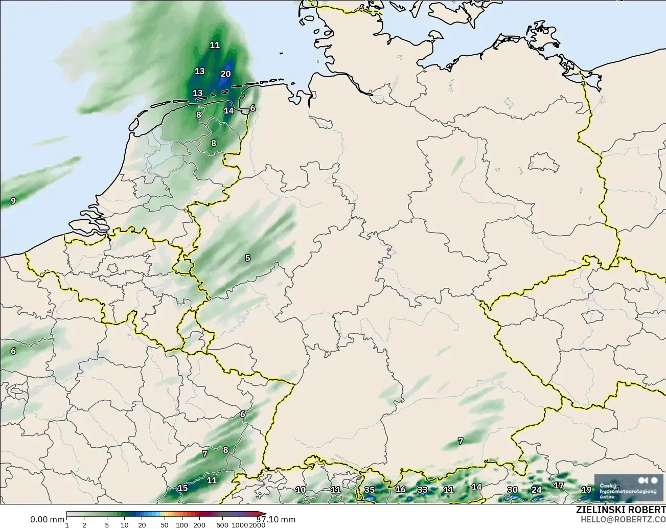 ALADIN CZ 2.3 km modelo - Alemania, Acumulación de precipitación