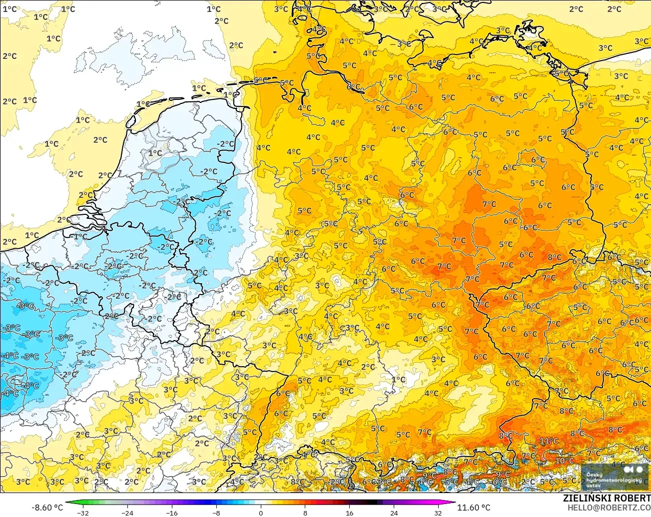 ALADIN CZ 2.3 km modelo - Alemania, Anomalía de temperatura a 2 m