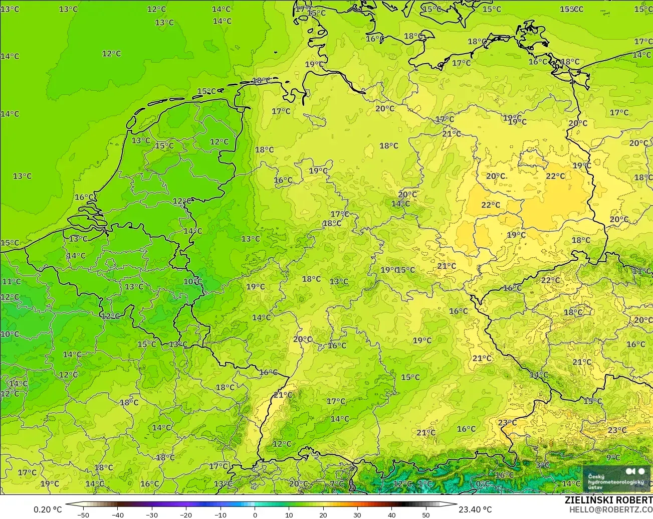 ALADIN CZ 2.3 km modelo - Alemania, Temperatura a 2 m