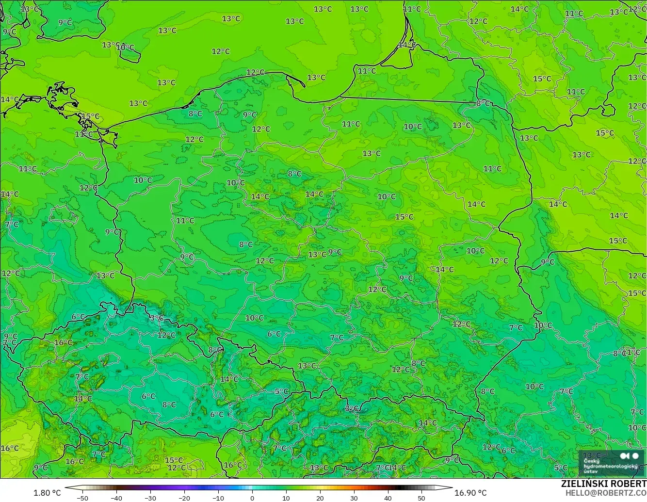 ALADIN CZ 2.3 km modelo - Polonia, Punto de rocío a 2 m