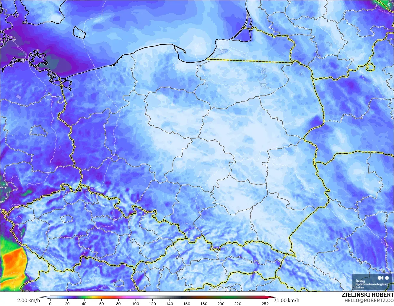 ALADIN CZ 2.3 km modelo - Polonia, Ráfagas de Viento Máximas