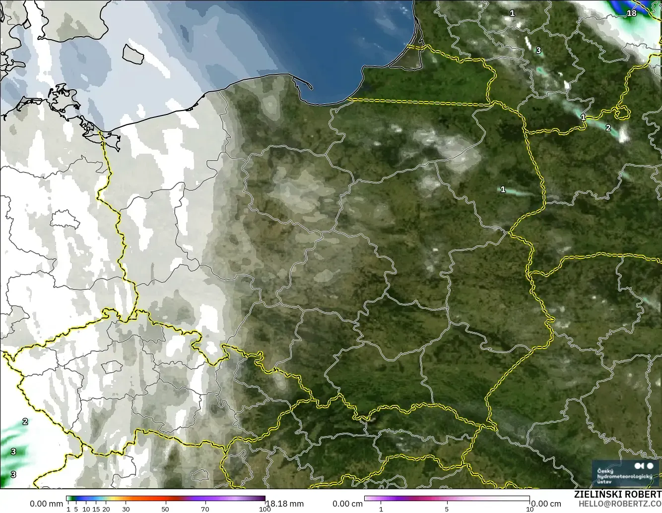 ALADIN CZ 2.3 km modelo - Polonia, Precipitación, nubes y presión