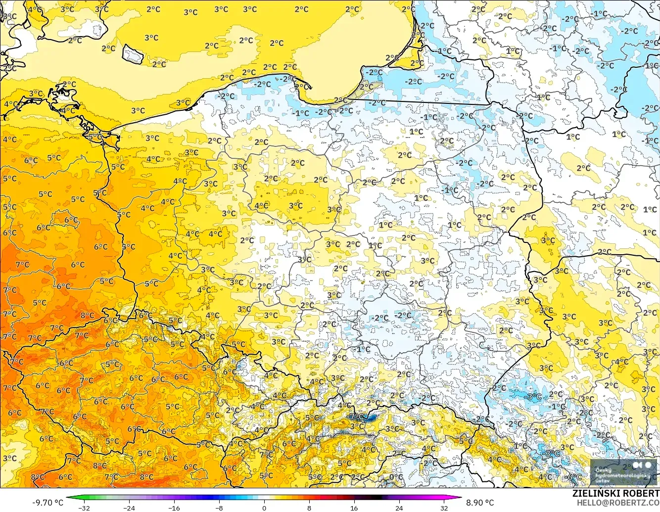 ALADIN CZ 2.3 km modelo - Polonia, Anomalía de temperatura a 2 m