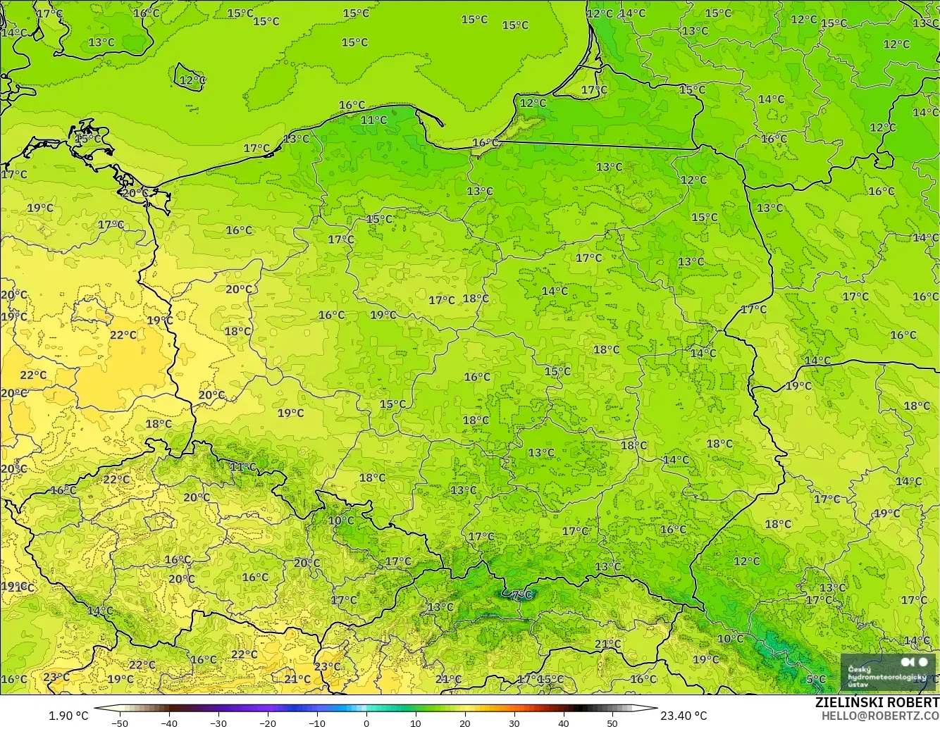 ALADIN CZ 2.3 km modelo - Polonia, Temperatura a 2 m