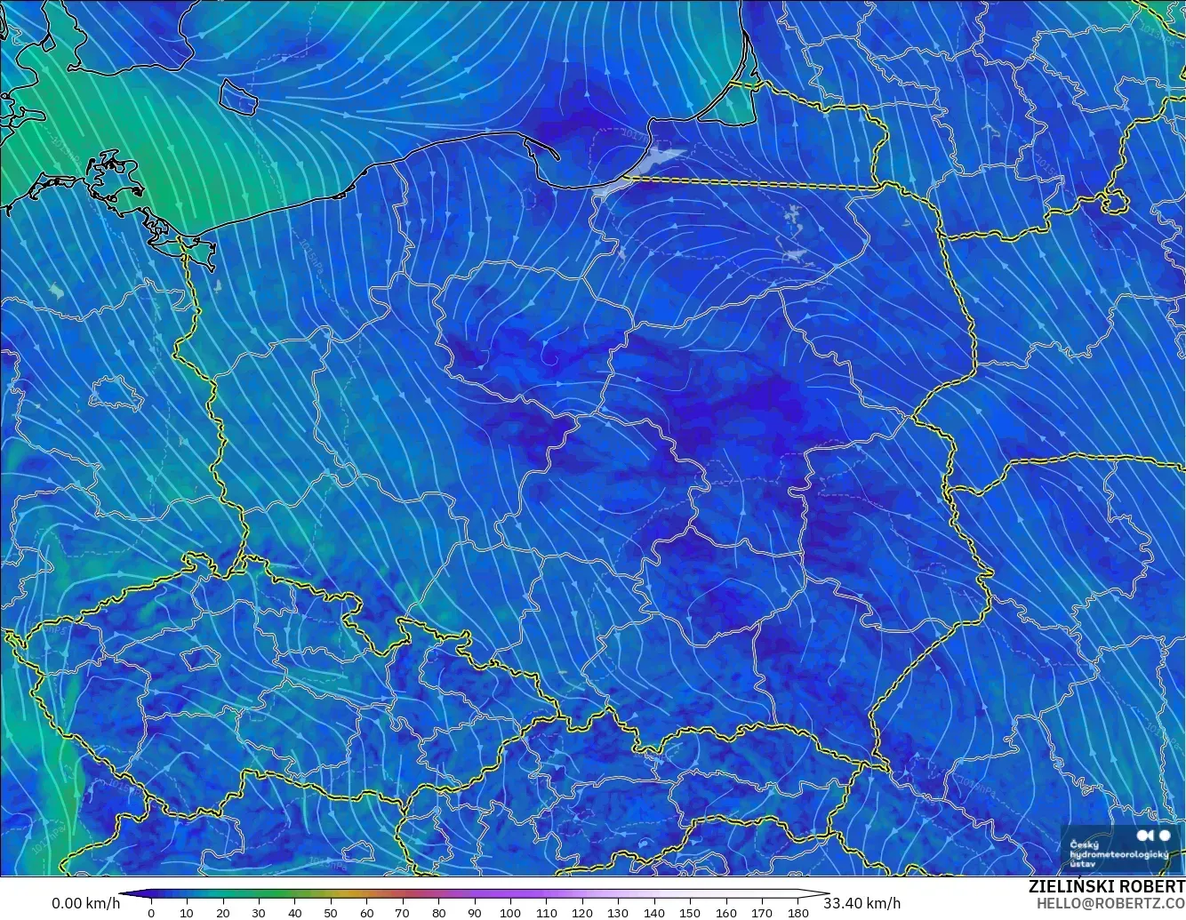 ALADIN CZ 2.3 km modelo - Polonia, Viento a 10 m